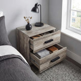 [Ash Grey] Blythe bedroom furniture set bedside with both drawers extended beside a grey upholstered bed