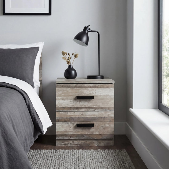 [Ash Grey] Blythe bedroom furniture set bedside in a grey bedroom next to a draped bed and a natural light window