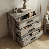 [Ash Grey] Blythe bedroom furniture set chest fully open from the side with grey grain visible on the cabinet sides