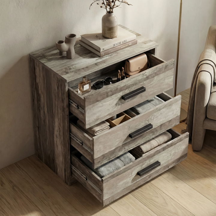 [Ash Grey] Blythe bedroom furniture set chest fully open from the side with grey grain visible on the cabinet sides