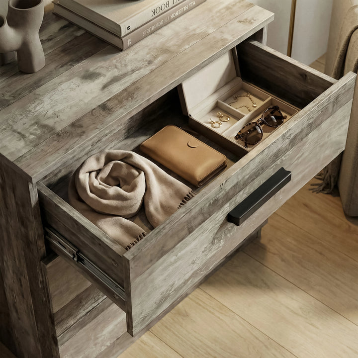 [Ash Grey] Close-up of the Blythe bedroom furniture set chest top drawer with folded scarf and leather pouch inside