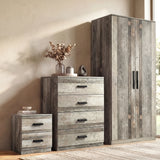 [Ash Grey] Wooden furniture set including a tall cabinet, dresser, and nightstand in a room setting.