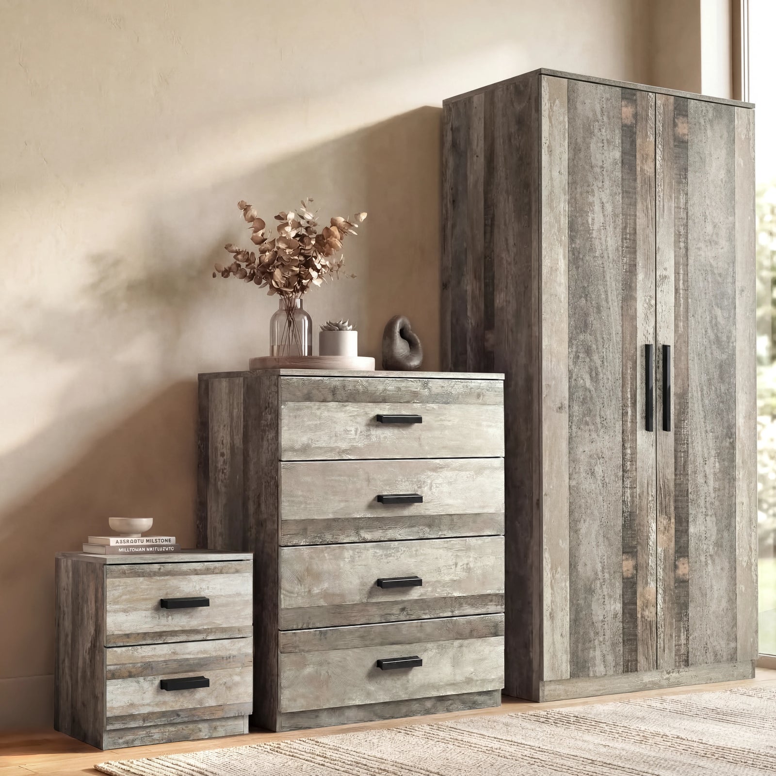 [Ash Grey] Wooden furniture set including a tall cabinet, dresser, and nightstand in a room setting.