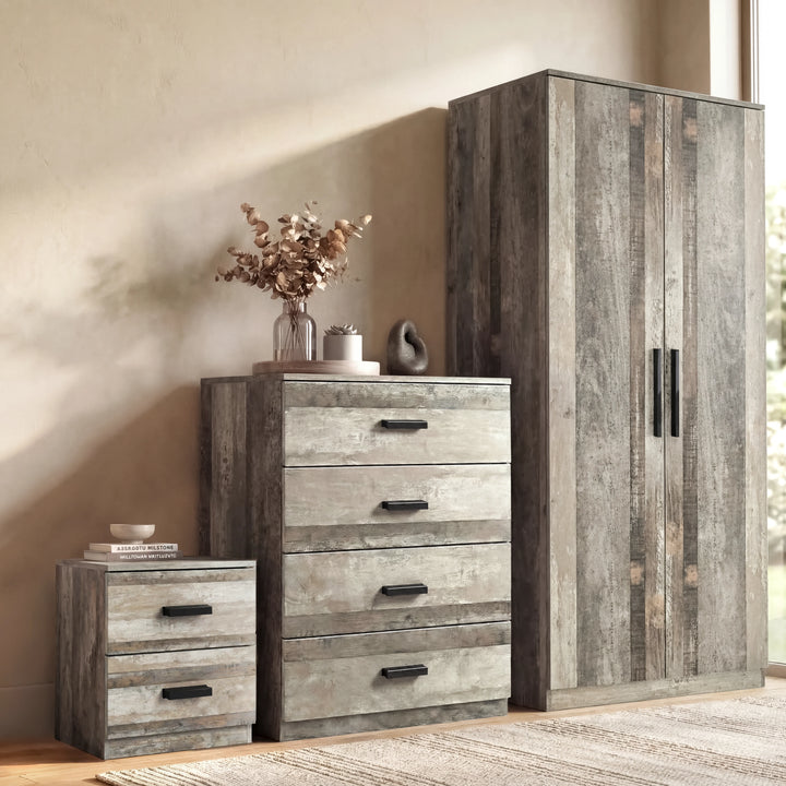 [Ash Grey] Wooden furniture set including a tall cabinet, dresser, and nightstand in a room setting.