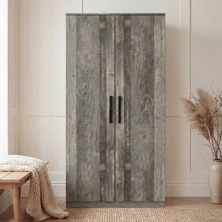 [Ash Grey] Wardrobe of the Blythe bedroom furniture set with both doors shut and grey woodgrain panels