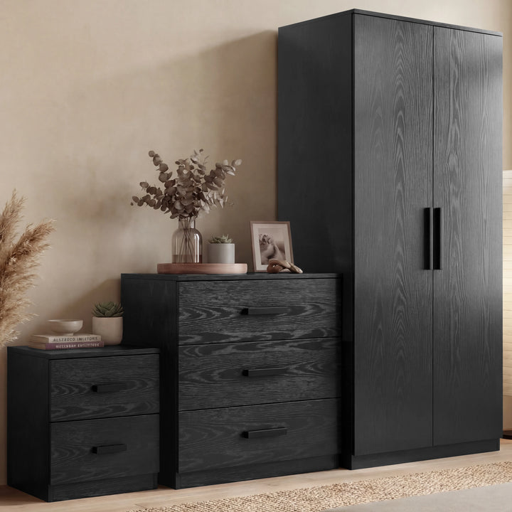 [Black] Blythe bedroom furniture set showing 2 door wardrobe, 3 drawer chest and 2 drawer bedside with bar handles