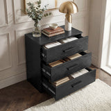 [Black] Blythe bedroom furniture set chest with every drawer open showing equal depth across three full-width tiers