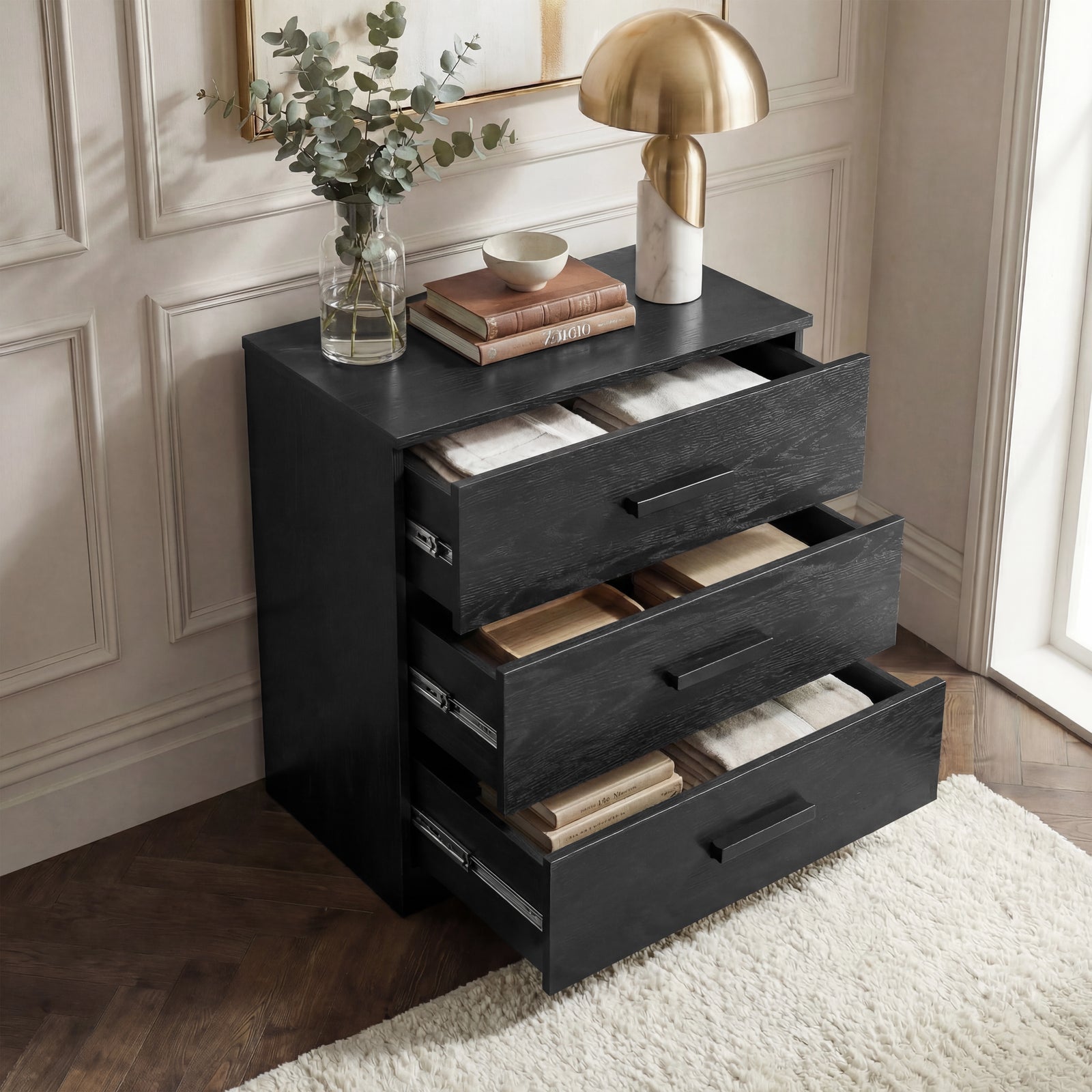 [Black] Blythe bedroom furniture set chest with every drawer open showing equal depth across three full-width tiers
