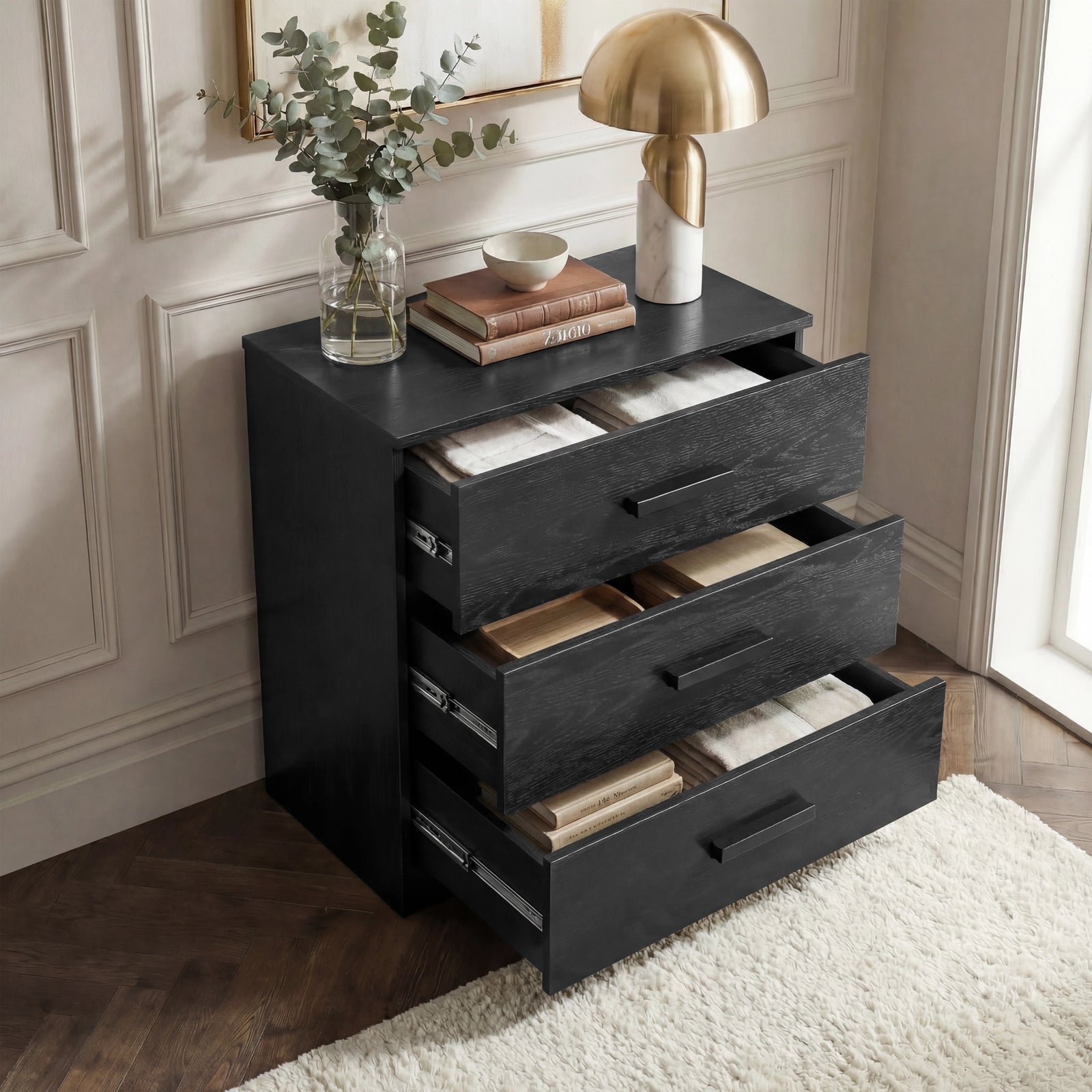 [Black] Blythe bedroom furniture set chest with every drawer open showing equal depth across three full-width tiers