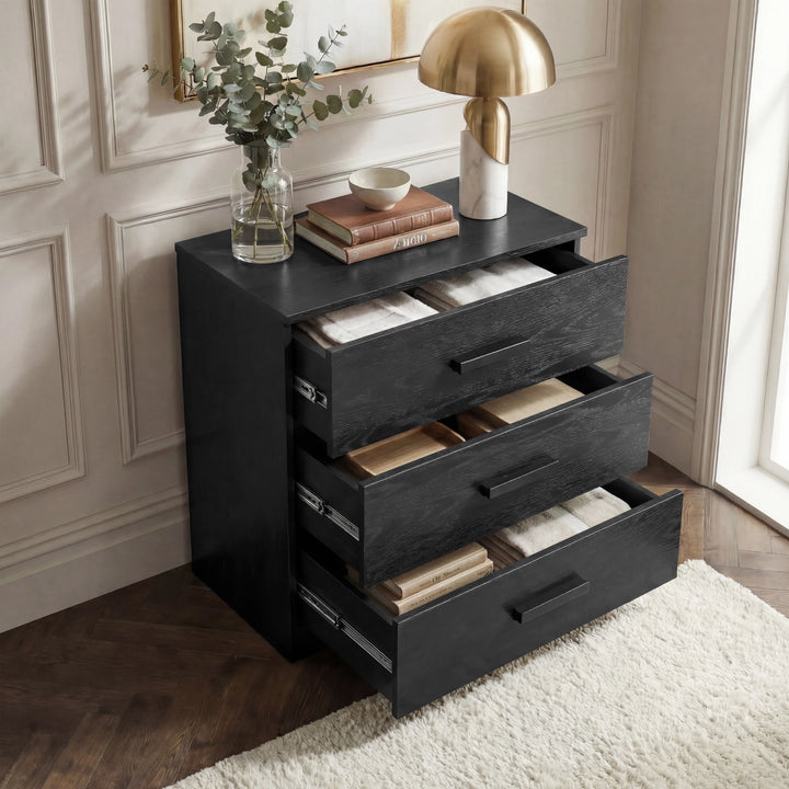 [Black] Blythe bedroom furniture set chest with every drawer open showing equal depth across three full-width tiers