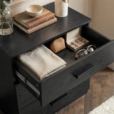 [Black] Close-up of the Blythe bedroom furniture set chest top drawer open with folded blanket and jewellery tray