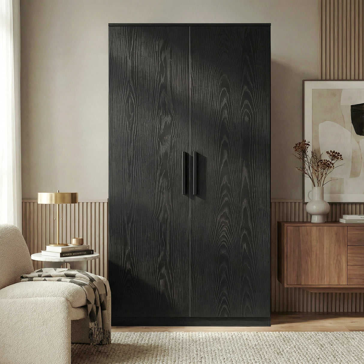 [Black] Wardrobe piece of the Blythe bedroom furniture set with two vertical bar handles and a sealed plinth base