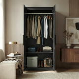 [Black] Wardrobe of the Blythe bedroom furniture set open with top hanging rail of shirts and a lower storage shelf