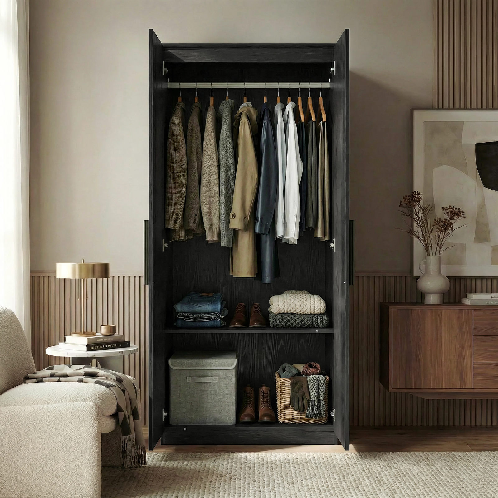 [Black] Wardrobe of the Blythe bedroom furniture set open with top hanging rail of shirts and a lower storage shelf