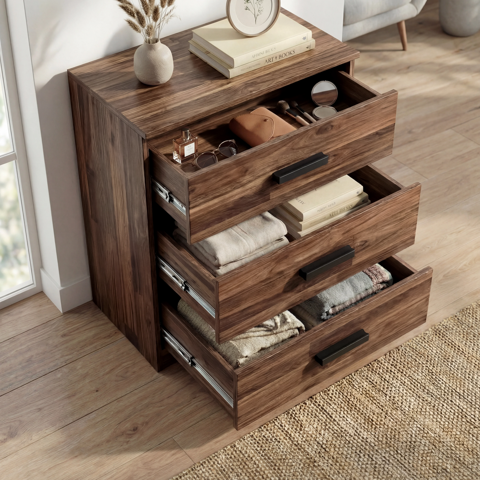[Dark Bronx] Blythe bedroom furniture set chest fully open with 3 drawers extended showing folded clothes