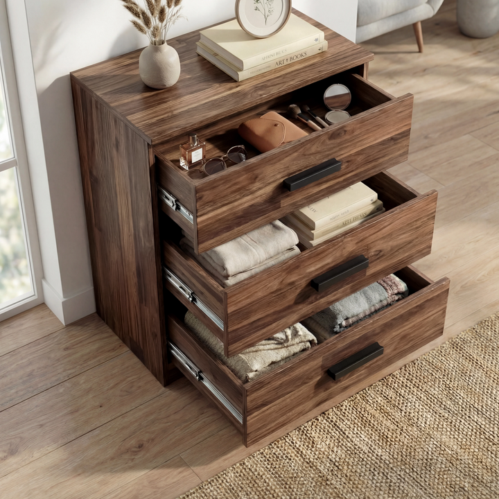 [Dark Bronx] Blythe bedroom furniture set chest fully open with 3 drawers extended showing folded clothes