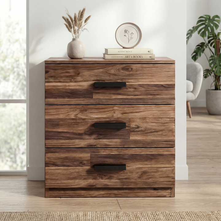 [Dark Bronx] Front view of the Blythe bedroom furniture set 3 drawer chest with grain fronts and a plinth
