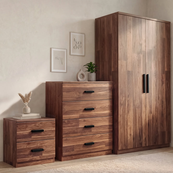 [Dark Bronx] Blythe bedroom furniture set with bedside, 4 drawer chest and 2 door wardrobe in a neutral room