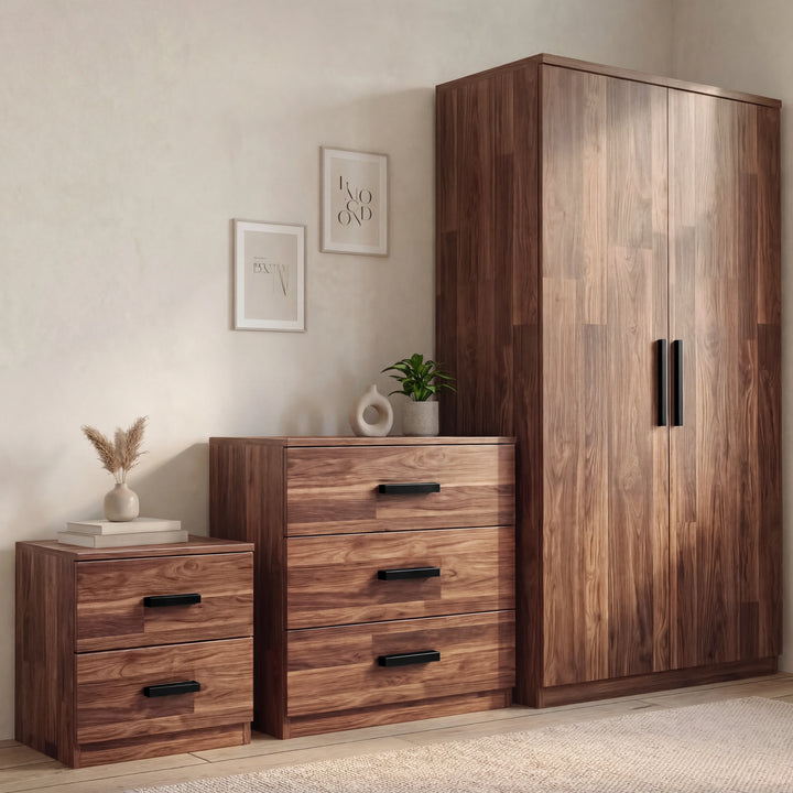 [Dark Bronx] Blythe bedroom furniture set with bedside, 3 drawer chest and 2 door wardrobe side by side
