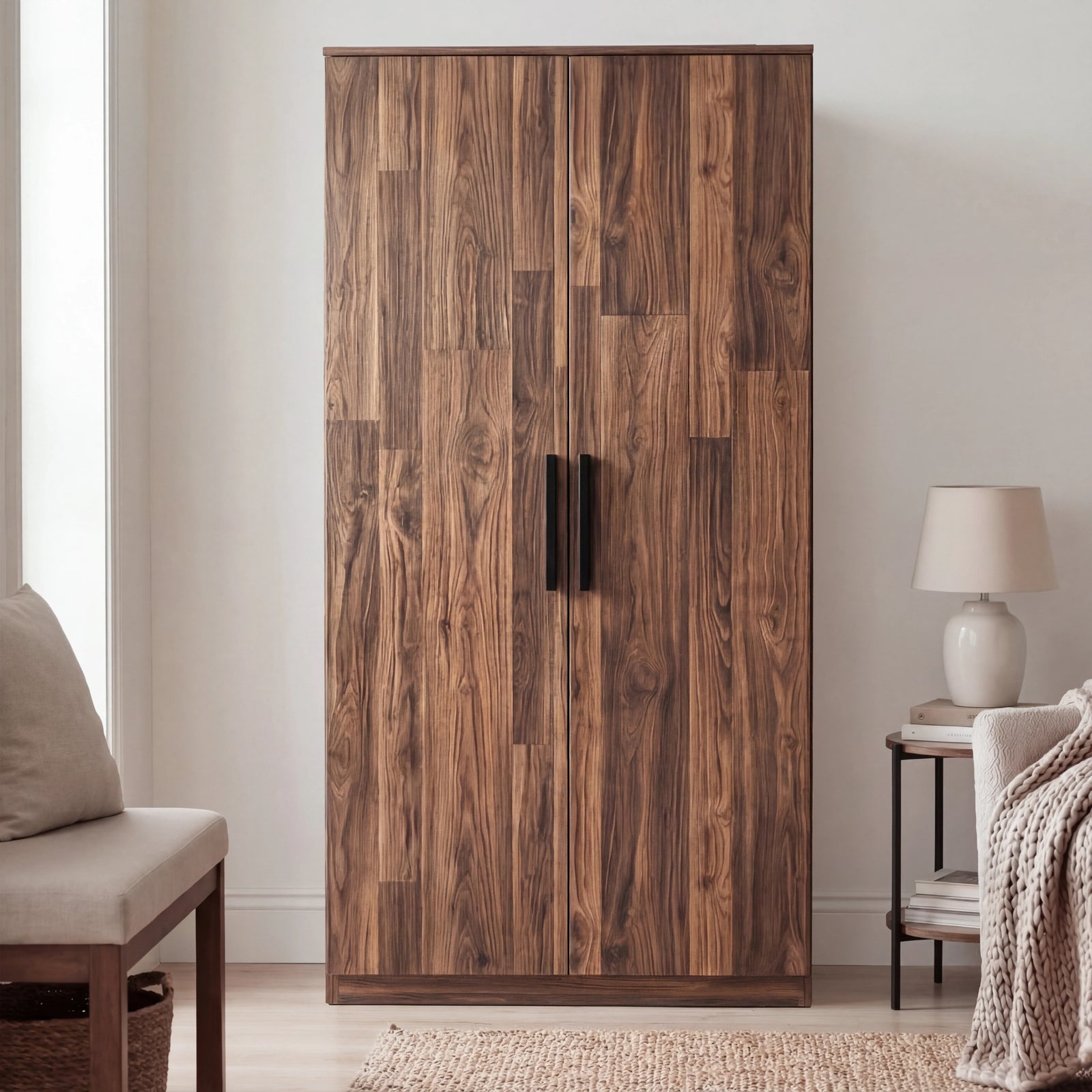 [Dark Bronx] Blythe bedroom furniture set wardrobe standing alone with doors closed and a side table on the right