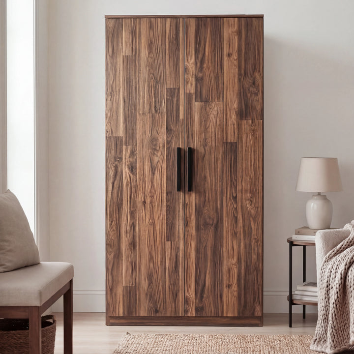 [Dark Bronx] Blythe bedroom furniture set wardrobe standing alone with doors closed and a side table on the right