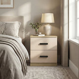 [Oak Cashmere] Blythe bedroom furniture set bedside showing oak side panels and cashmere drawer fronts