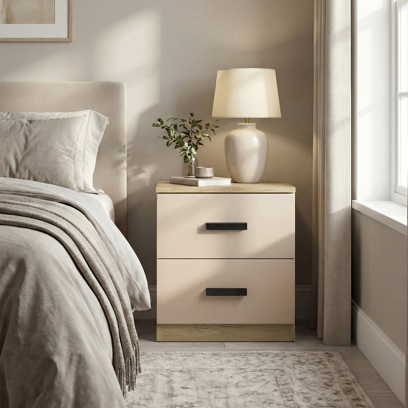 [Oak Cashmere] Blythe bedroom furniture set bedside showing oak side panels and cashmere drawer fronts