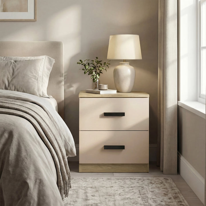 [Oak Cashmere] Blythe bedroom furniture set bedside showing oak side panels and cashmere drawer fronts
