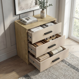 [Oak Cashmere] Blythe bedroom furniture set chest with all drawers extended showing oak sides and folded clothes