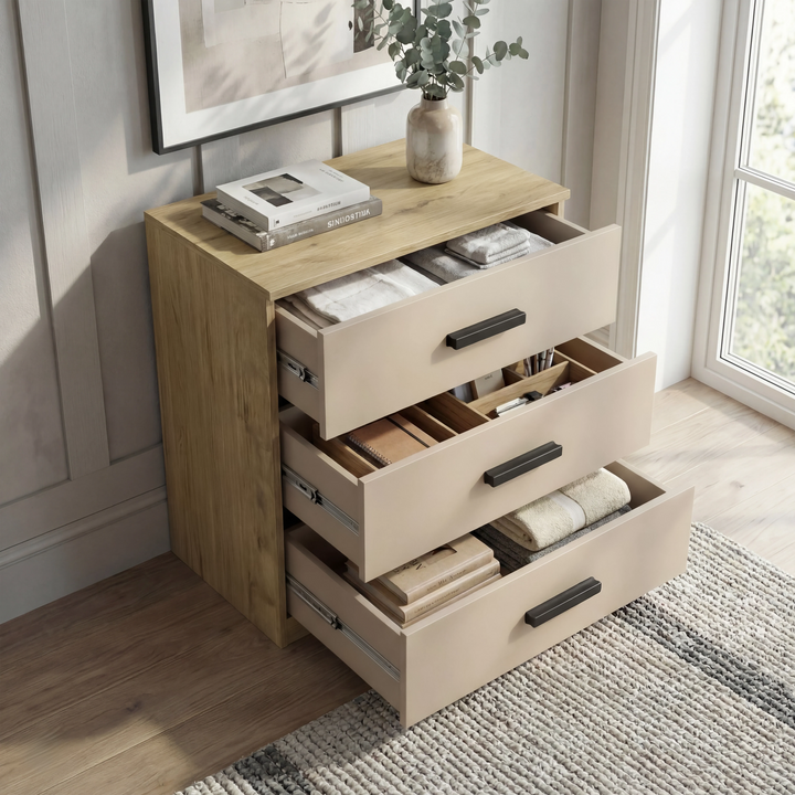 [Oak Cashmere] Blythe bedroom furniture set chest with all drawers extended showing oak sides and folded clothes