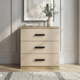 [Oak Cashmere] 3 drawer chest of the Blythe bedroom furniture set with an oak top over three cashmere drawer fronts