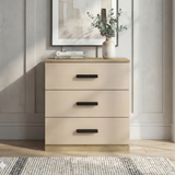 [Oak Cashmere] 3 drawer chest of the Blythe bedroom furniture set with an oak top over three cashmere drawer fronts