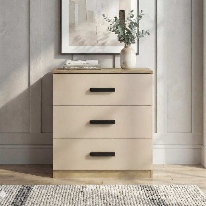 [Oak Cashmere] 3 drawer chest of the Blythe bedroom furniture set with an oak top over three cashmere drawer fronts