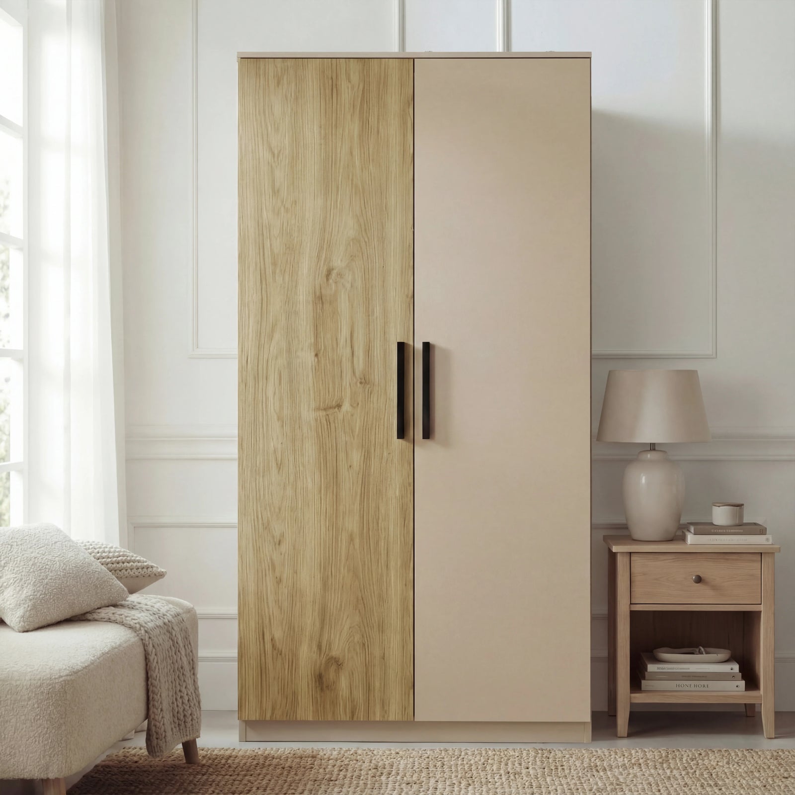[Oak Cashmere] Wardrobe piece of the Blythe bedroom furniture set alone with split finish and black bar handles