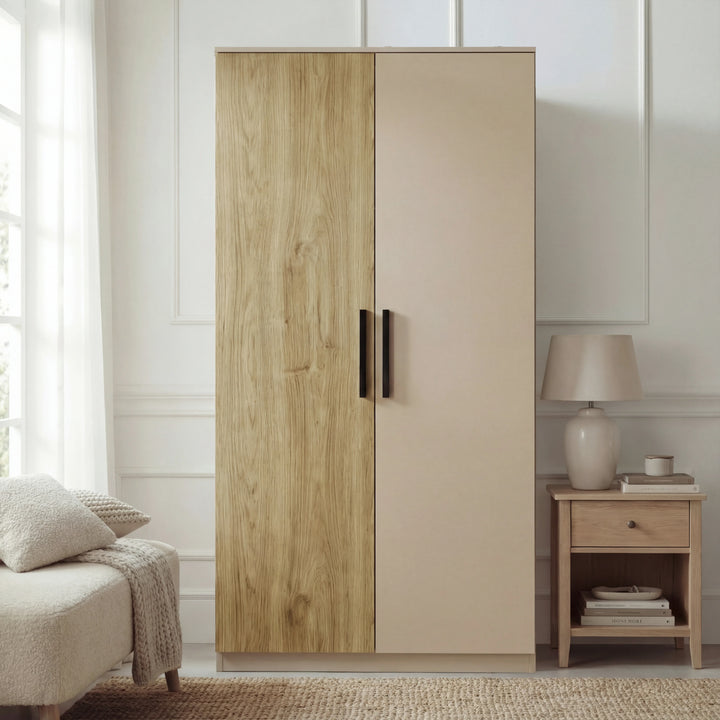 [Oak Cashmere] Wardrobe piece of the Blythe bedroom furniture set alone with split finish and black bar handles