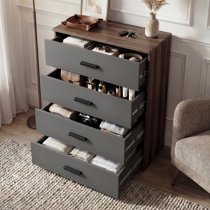 [Walnut ] 4 drawer chest of the Blythe bedroom furniture set with all grey drawers out and walnut top above