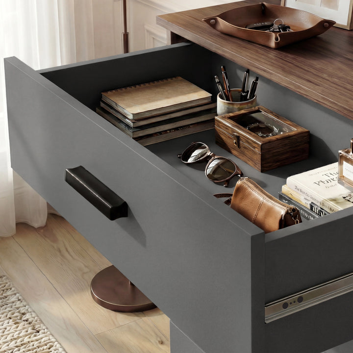 [Walnut ] Blythe bedroom furniture set chest drawer out with a wooden organiser and the walnut top above