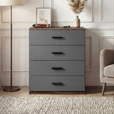 [Walnut ] 4 drawer chest of the Blythe bedroom furniture set with walnut top, walnut side and grey drawer fronts