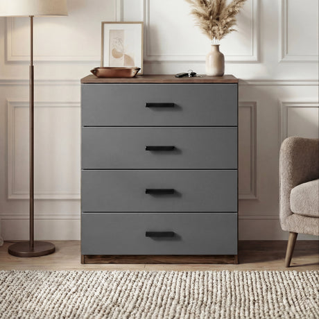 [Walnut ] 4 drawer chest of the Blythe bedroom furniture set with walnut top, walnut side and grey drawer fronts