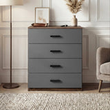 [Walnut ] 4 drawer chest of the Blythe bedroom furniture set with walnut top, walnut side and grey drawer fronts