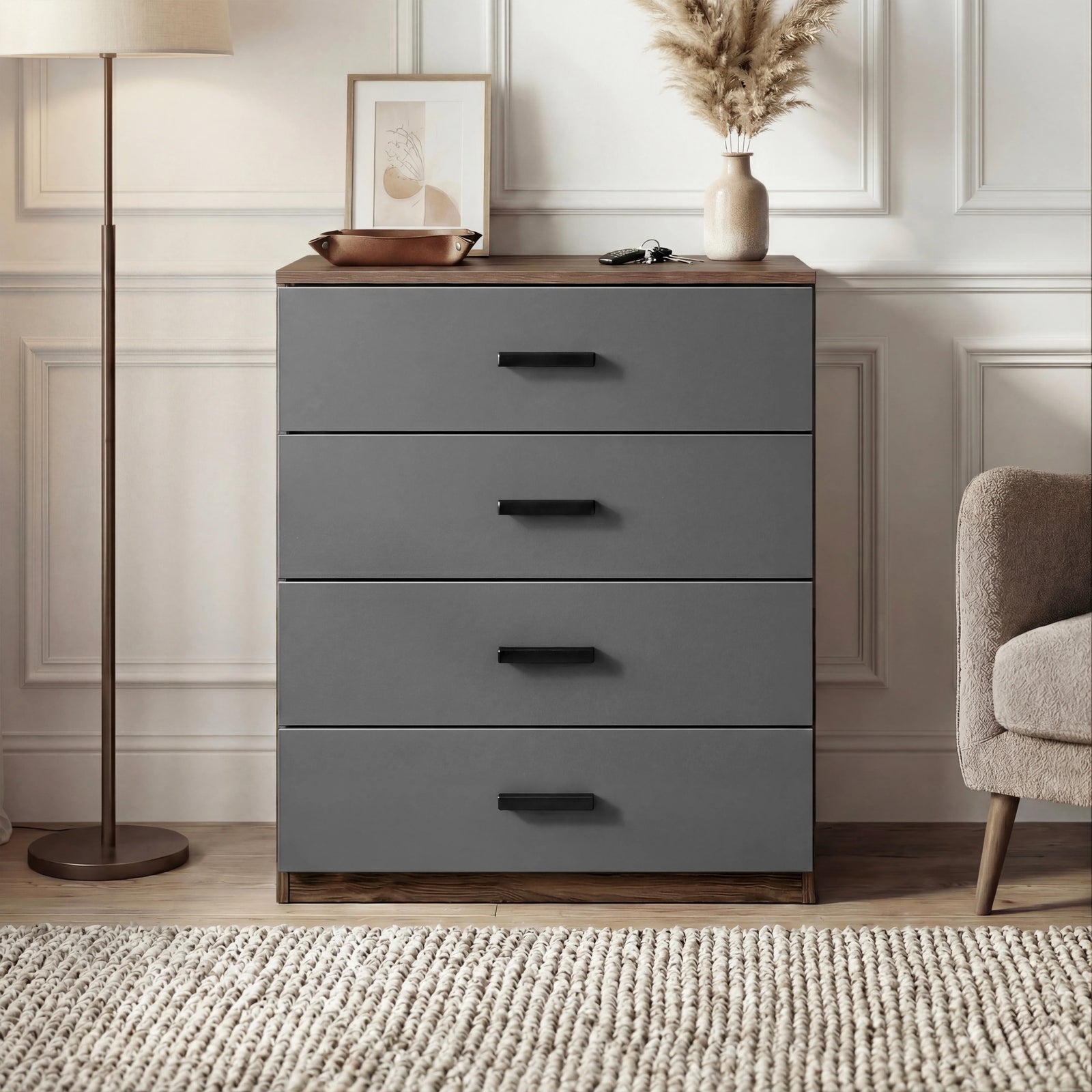 [Walnut ] 4 drawer chest of the Blythe bedroom furniture set with walnut top, walnut side and grey drawer fronts