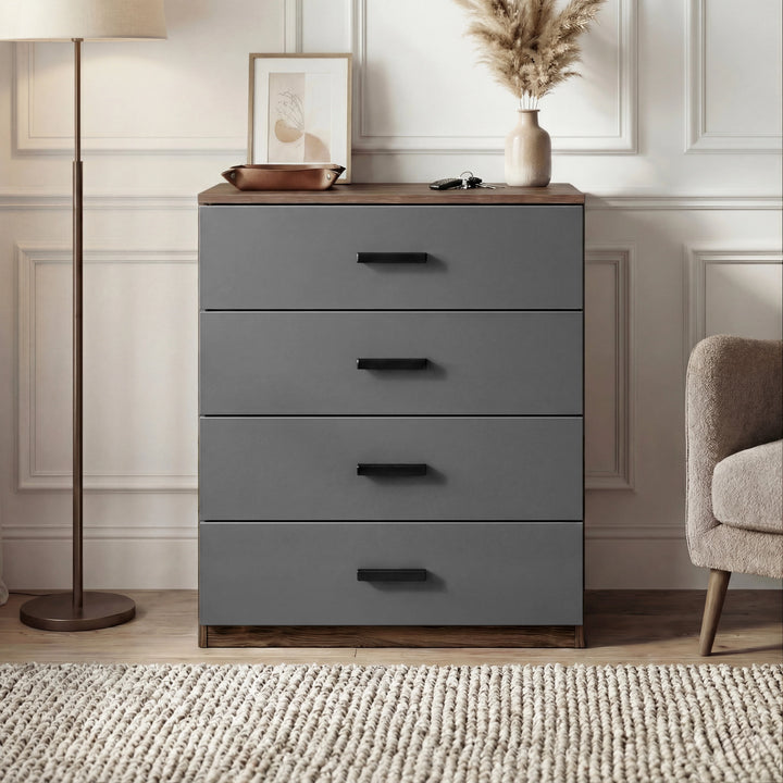 [Walnut ] 4 drawer chest of the Blythe bedroom furniture set with walnut top, walnut side and grey drawer fronts