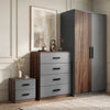 [Walnut ] Blythe bedroom furniture set with walnut bodies and grey fronts on bedside, 4 drawer chest and wardrobe