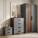 [Walnut ] Blythe bedroom furniture set with walnut bodies and grey fronts on bedside, 4 drawer chest and wardrobe