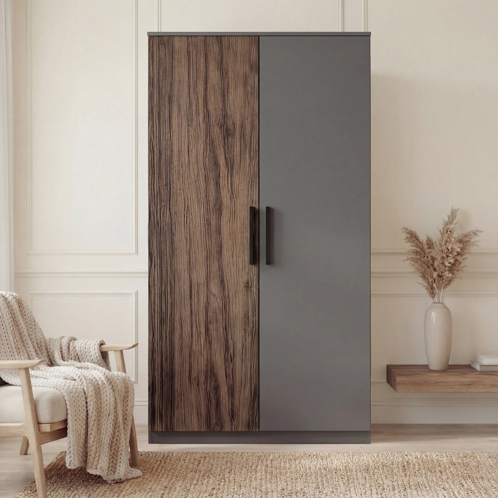 [Walnut] Blythe bedroom furniture set wardrobe standing in a cream room between a chair and a console