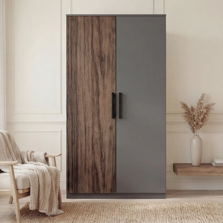 [Walnut] Blythe bedroom furniture set wardrobe standing in a cream room between a chair and a console