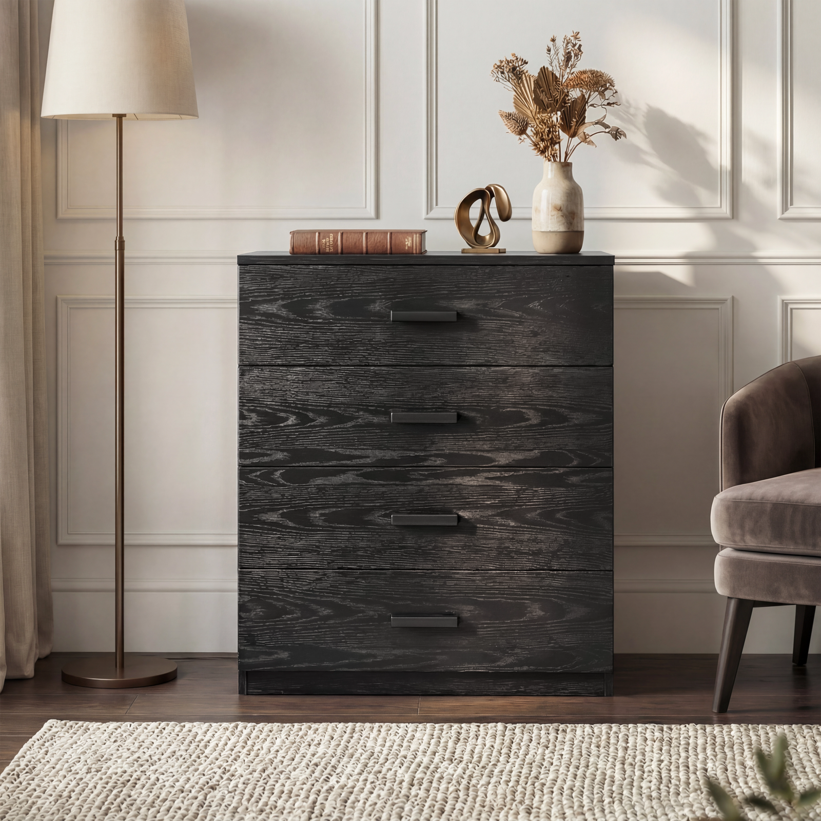 [Black] Blythe bedroom furniture set chest with stacked open drawers revealing books and organisers