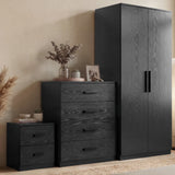 [Black] Blythe bedroom furniture set 4 drawer chest with black wood grain finish beside lamp and chair