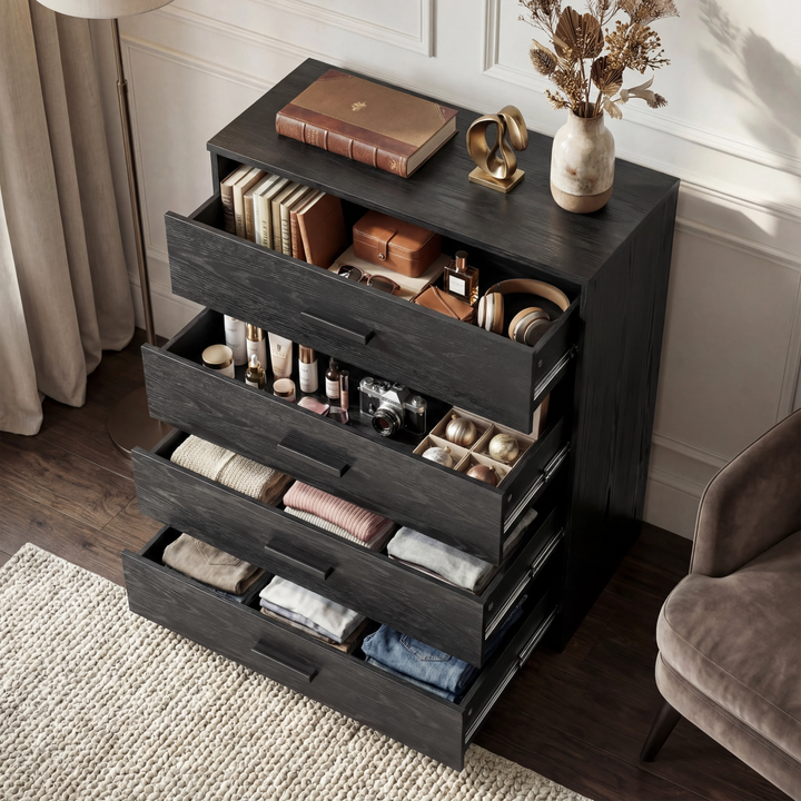 [Black] Blythe bedroom furniture set four drawers of chest pulled open to reveal the interior