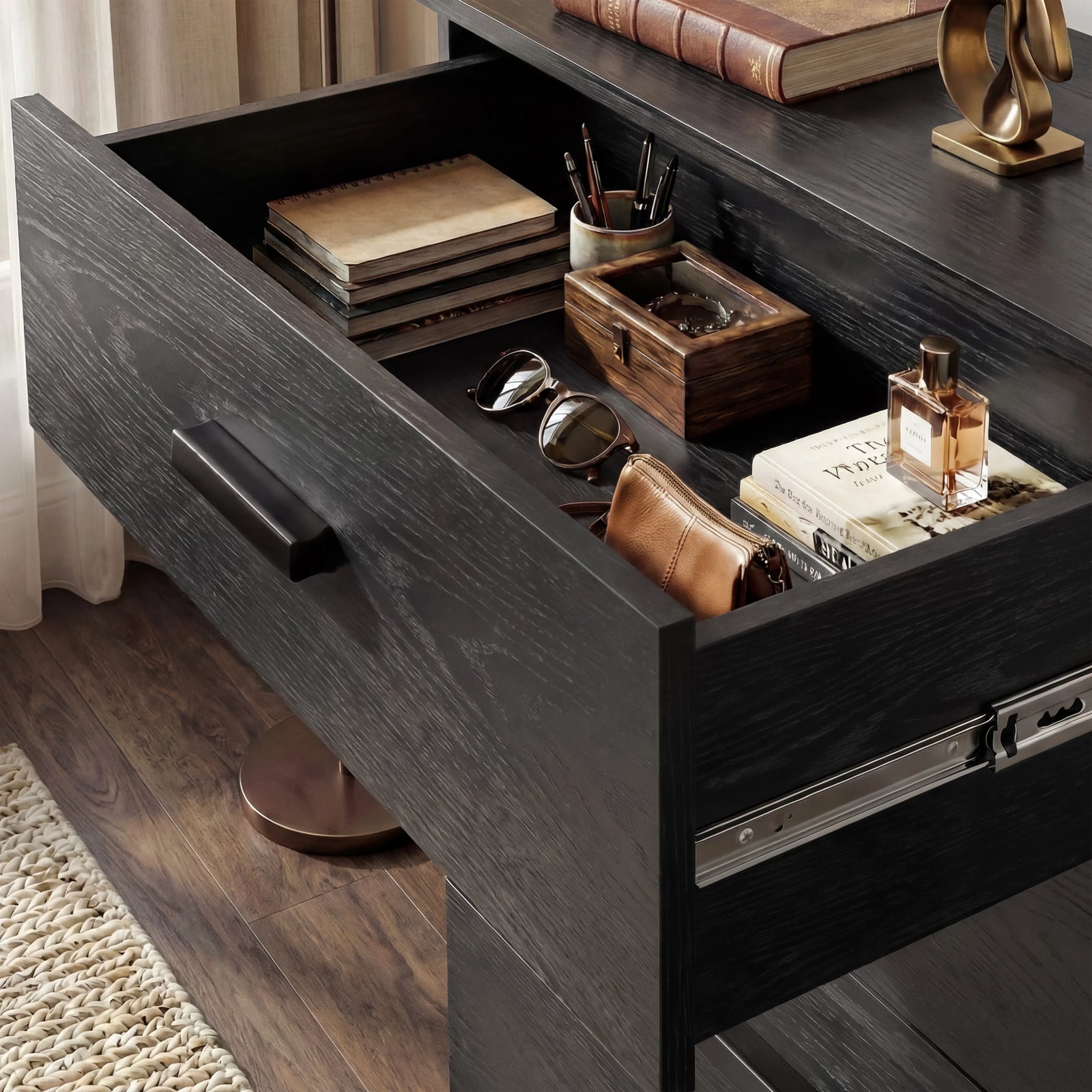[Black] Blythe bedroom furniture set top drawer of 4 drawer chest open showing small stationery inside